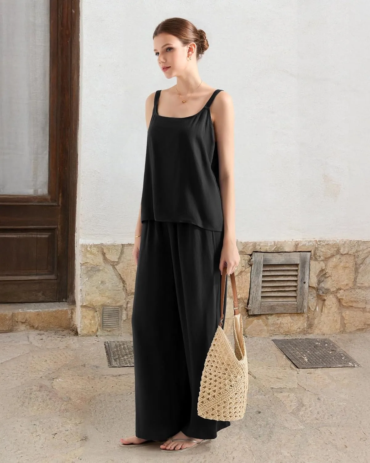 SUUKSESS Women 2 Piece Outfits Linen Pants Set Summer Travel Vacation Matching Sets