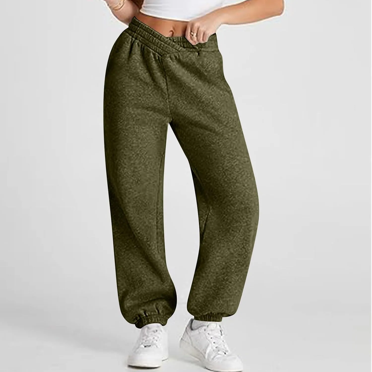 Sweatpants Women Baggy Crossover Waist Cotton Sweatpants Casual Joggers with Pockets Fleece Lined Cotton Joggers