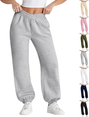 Sweatpants Women Baggy Crossover Waist Cotton Sweatpants Casual Joggers with Pockets Fleece Lined Cotton Joggers