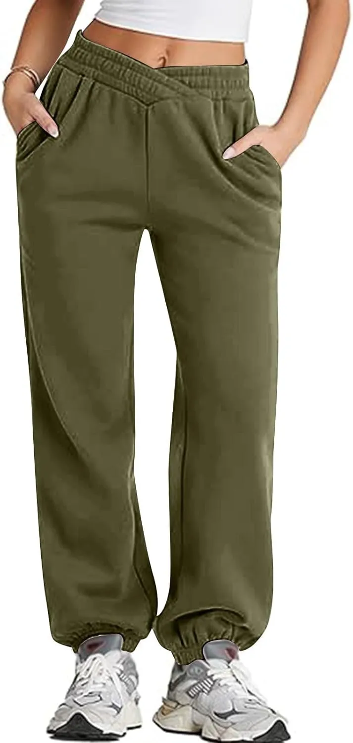 Sweatpants Women Baggy Crossover Waist Cotton Sweatpants Casual Joggers with Pockets Fleece Lined Cotton Joggers