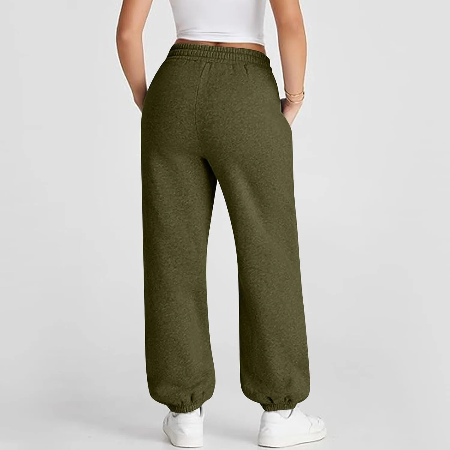 Sweatpants Women Baggy Crossover Waist Cotton Sweatpants Casual Joggers with Pockets Fleece Lined Cotton Joggers