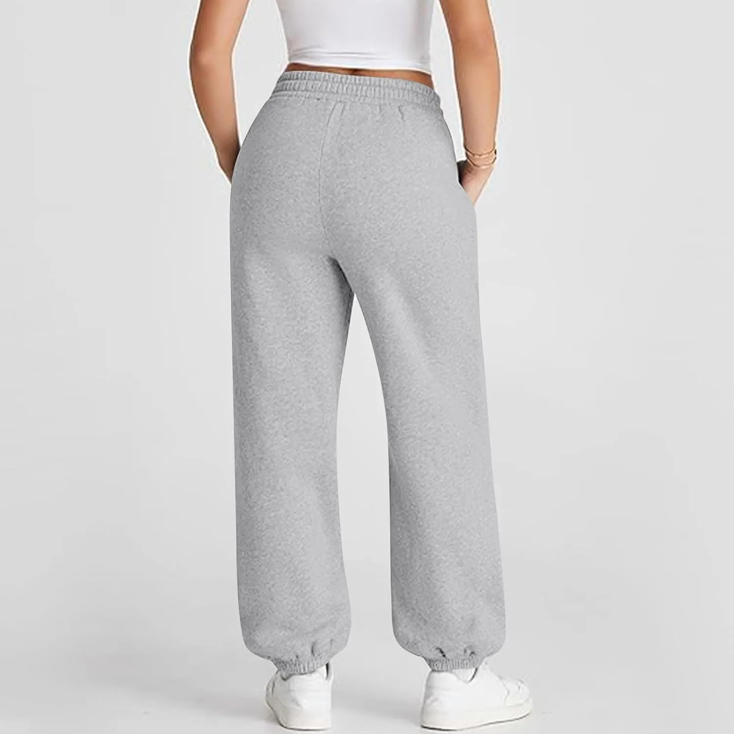 Sweatpants Women Baggy Crossover Waist Cotton Sweatpants Casual Joggers with Pockets Fleece Lined Cotton Joggers