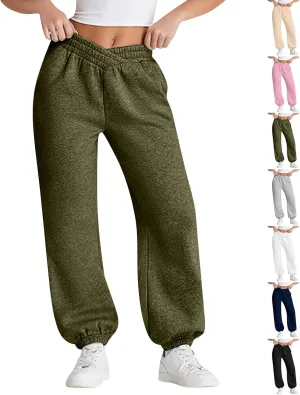 Sweatpants Women Baggy Crossover Waist Cotton Sweatpants Casual Joggers with Pockets Fleece Lined Cotton Joggers