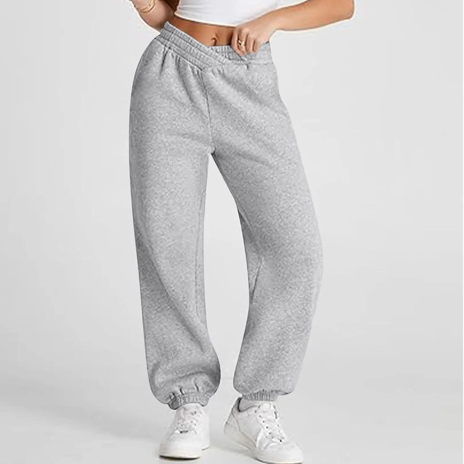 Sweatpants Women Baggy Crossover Waist Cotton Sweatpants Casual Joggers with Pockets Fleece Lined Cotton Joggers
