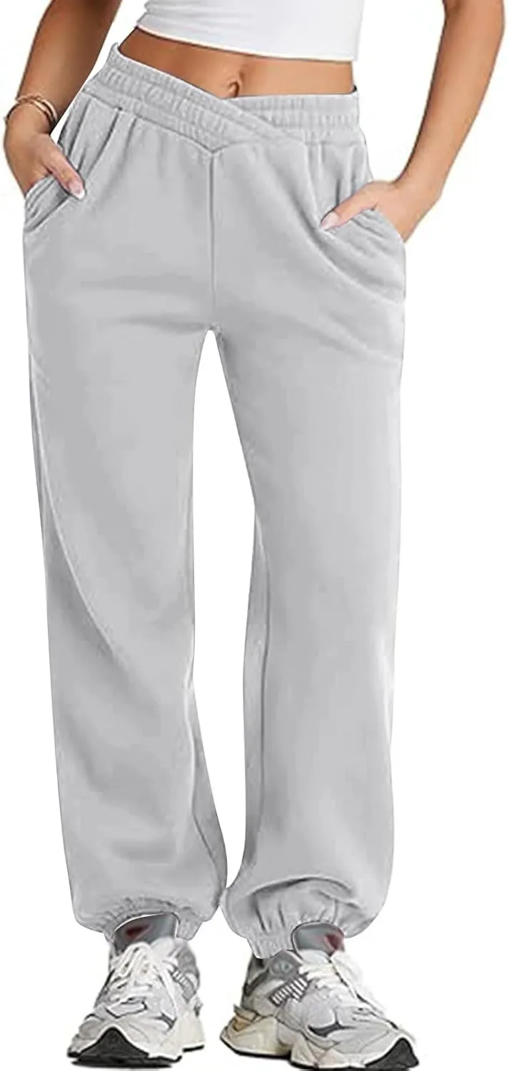 Sweatpants Women Baggy Crossover Waist Cotton Sweatpants Casual Joggers with Pockets Fleece Lined Cotton Joggers