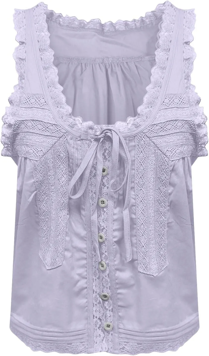 Tank Tops for Women 2025 Sexy Lace Hollow Out Sleeveless Tank with Belt Solid Color Trendy Casual Comfy Camisole Top