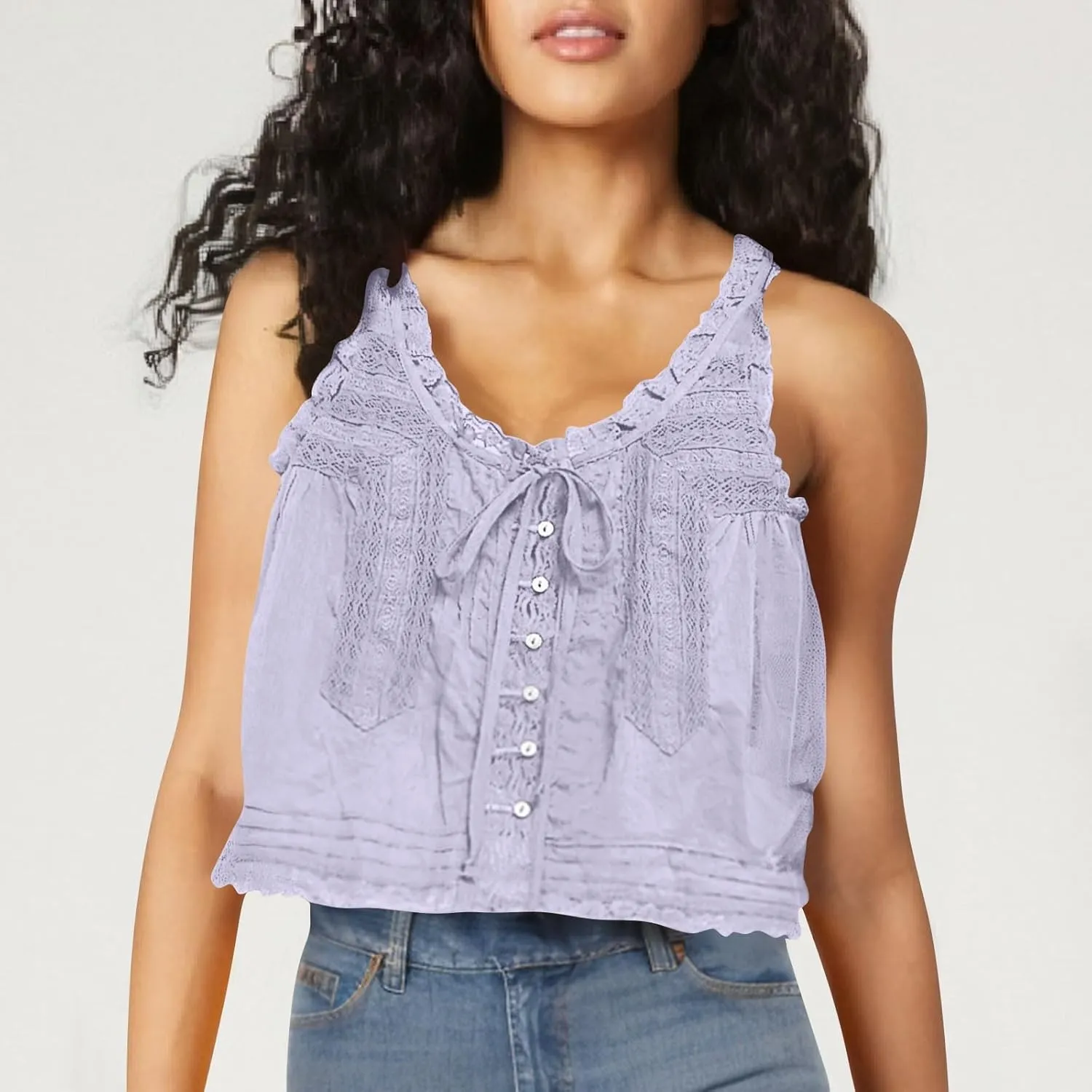 Tank Tops for Women 2025 Sexy Lace Hollow Out Sleeveless Tank with Belt Solid Color Trendy Casual Comfy Camisole Top