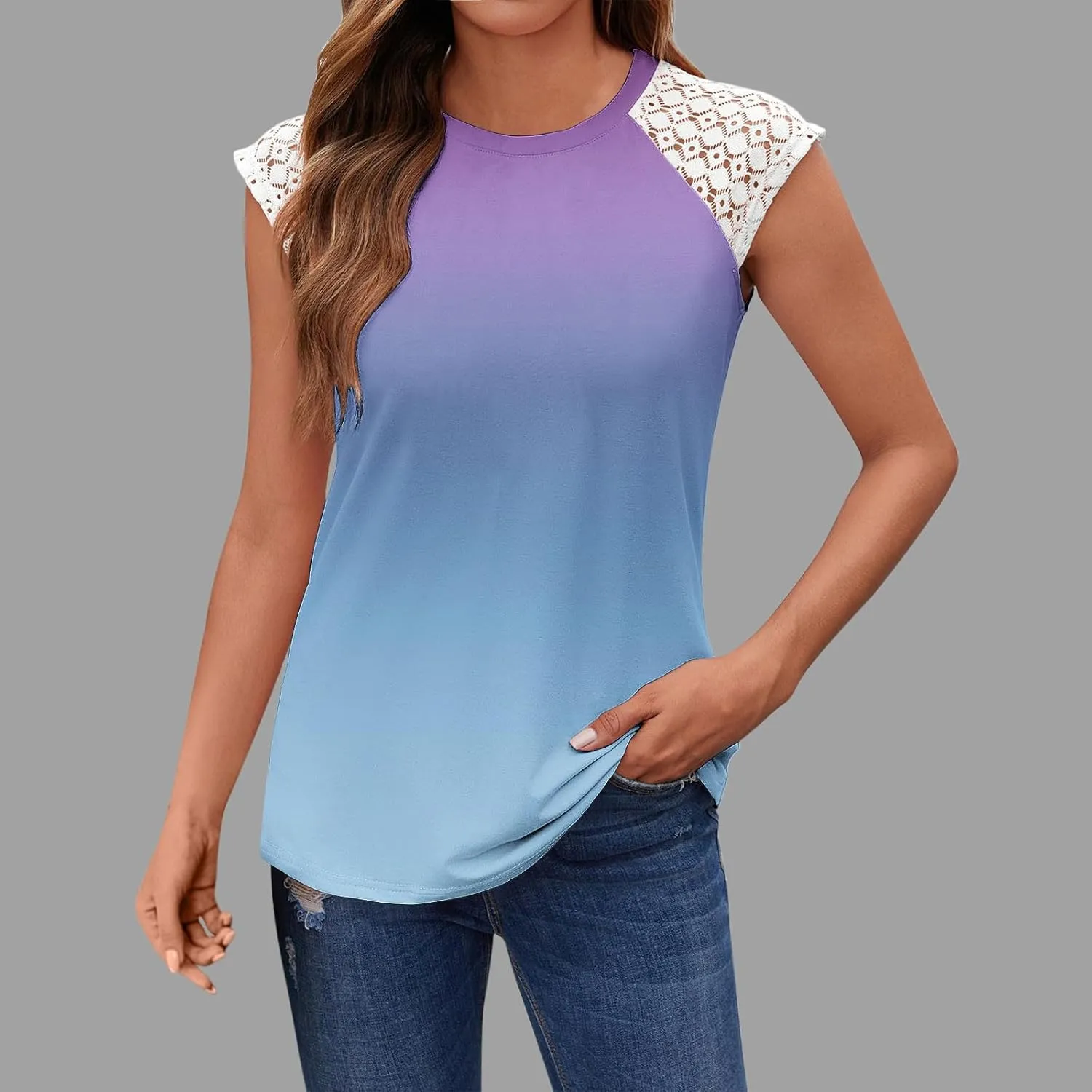 Tank Tops for Women Trendy Patchwork Lace Sleeveless Gradient Color Crew Neck Camisole Casual Vacation Tunic Shirts