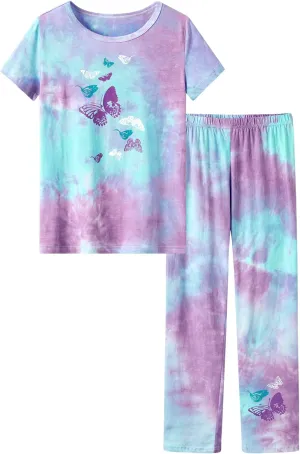 Tebbis Trendy Tie Dye Sleepover Summer Pajamas for Girls -100% Cotton Soft Dount Cat Caticorn Jammies Size 6-18