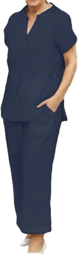 TIAFORD Women 2 Piece Sets Cotton Linen Outfits V Neck Short Sleeve Top Wide Leg Pants Lounge Two Piece Matching Set