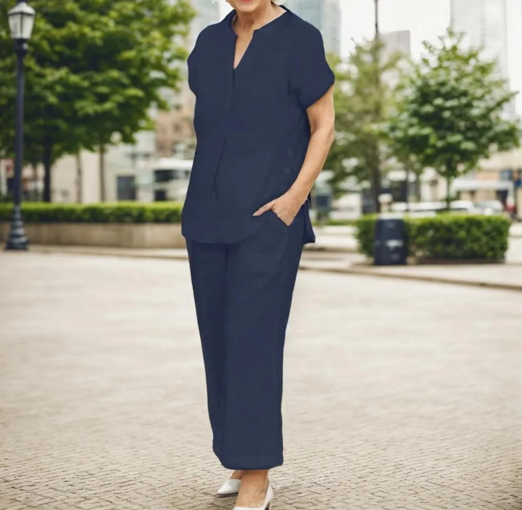 TIAFORD Women 2 Piece Sets Cotton Linen Outfits V Neck Short Sleeve Top Wide Leg Pants Lounge Two Piece Matching Set
