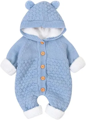 ToddlBy Baby Girls Boys Hooded Sweater Romper Fleece Jumpsuit Infant Cable Knit Long Sleeve (Light Blue, 6-12 Months) l1793t