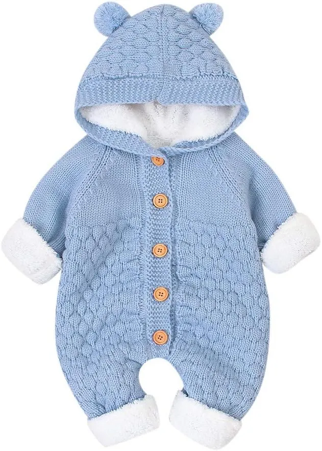 ToddlBy Baby Girls Boys Hooded Sweater Romper Fleece Jumpsuit Infant Cable Knit Long Sleeve (Light Blue, 6-12 Months) l1793t