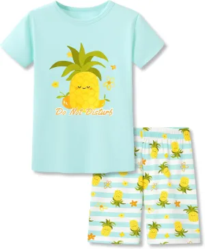 Topgal Girls Cotton Knit Pajamas Toddler Summer Top & Shorts Sung Fit Cartoon Print Sleepwear Clothes Set Size 4-14