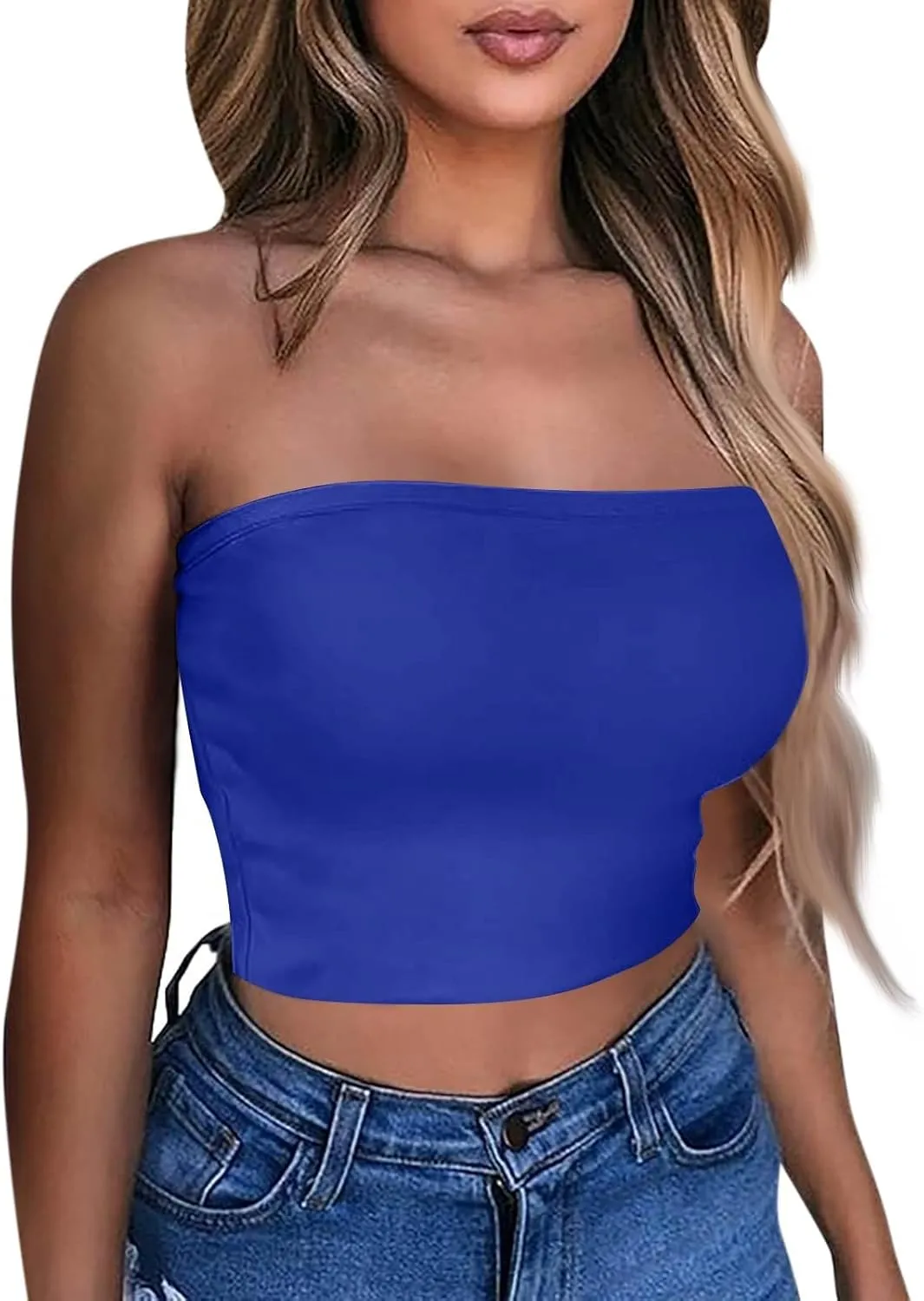 Tube Tops for Women with Built in Bra Summer Strapless Slim Fit Crop Tops Double Lined Sleeveless Crop Tank