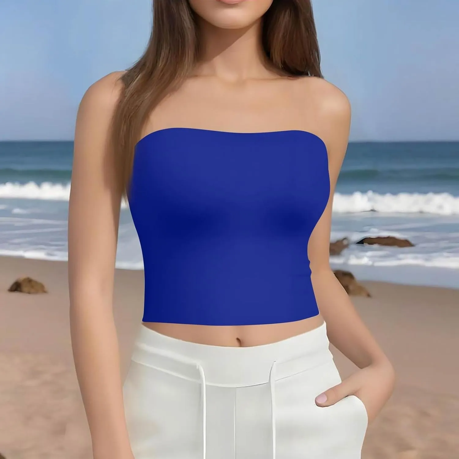 Tube Tops for Women with Built in Bra Summer Strapless Slim Fit Crop Tops Double Lined Sleeveless Crop Tank