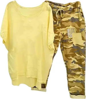 Uillui Two Piece Summer Outfits Womens Linen Loungewear Casual Short Sleeve T-Shirts Camouflage Print Loose Capri Pants Sets