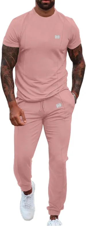 UOUA Mens 2 Piece Sweatsuits Outfits Short Sleeve Pullover Loungewear & Joggers Sweatpants Summer Casual Track Suits Set Pink M 3XL