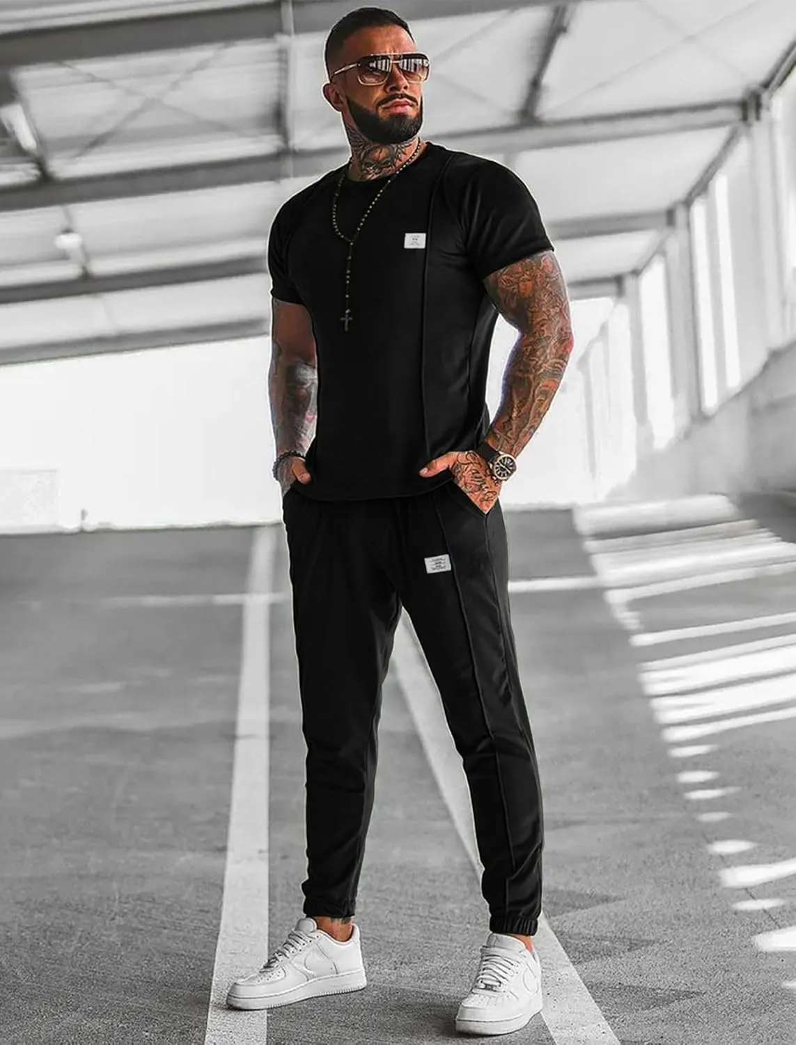 UOUA Mens 2 Piece Sweatsuits Outfits Short Sleeve Pullover Loungewear & Joggers Sweatpants Summer Casual Track Suits Set