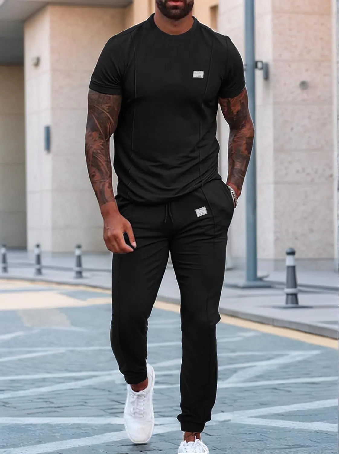 UOUA Mens 2 Piece Sweatsuits Outfits Short Sleeve Pullover Loungewear & Joggers Sweatpants Summer Casual Track Suits Set