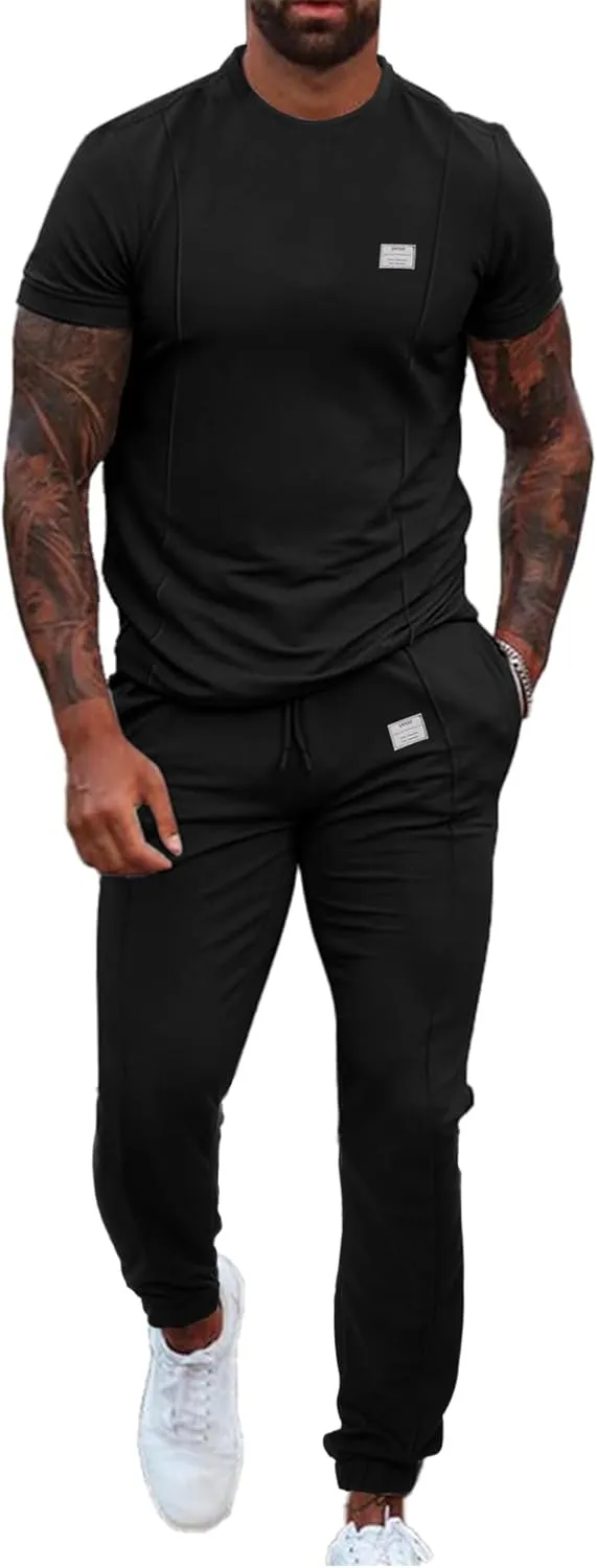 UOUA Mens 2 Piece Sweatsuits Outfits Short Sleeve Pullover Loungewear & Joggers Sweatpants Summer Casual Track Suits Set