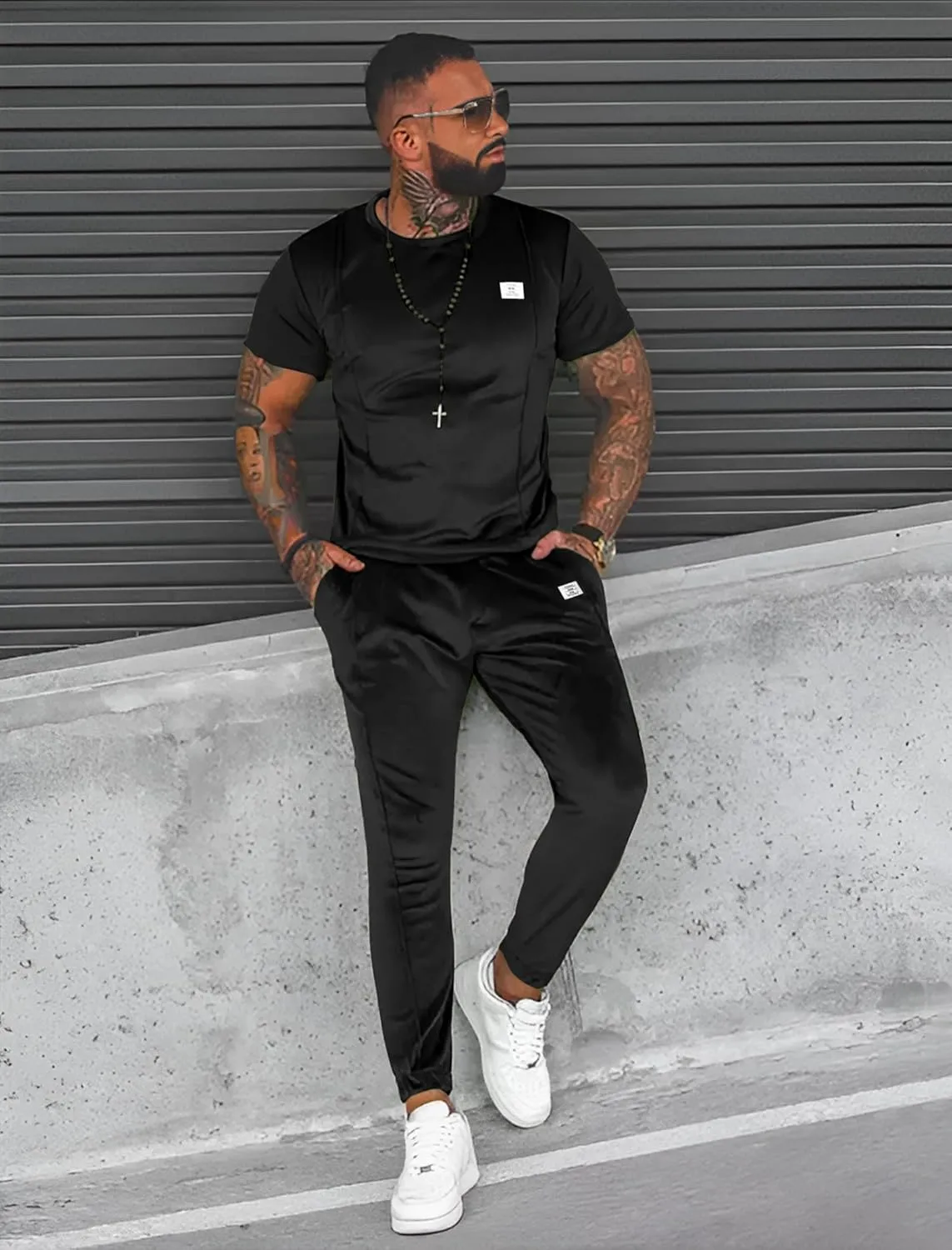 UOUA Mens 2 Piece Sweatsuits Outfits Short Sleeve Pullover Loungewear & Joggers Sweatpants Summer Casual Track Suits Set