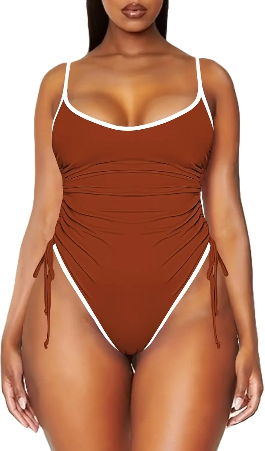 Viottiset Women's Ruched Drawstring One Piece Swimsuit Tummy Control High Cut Bathing Suit