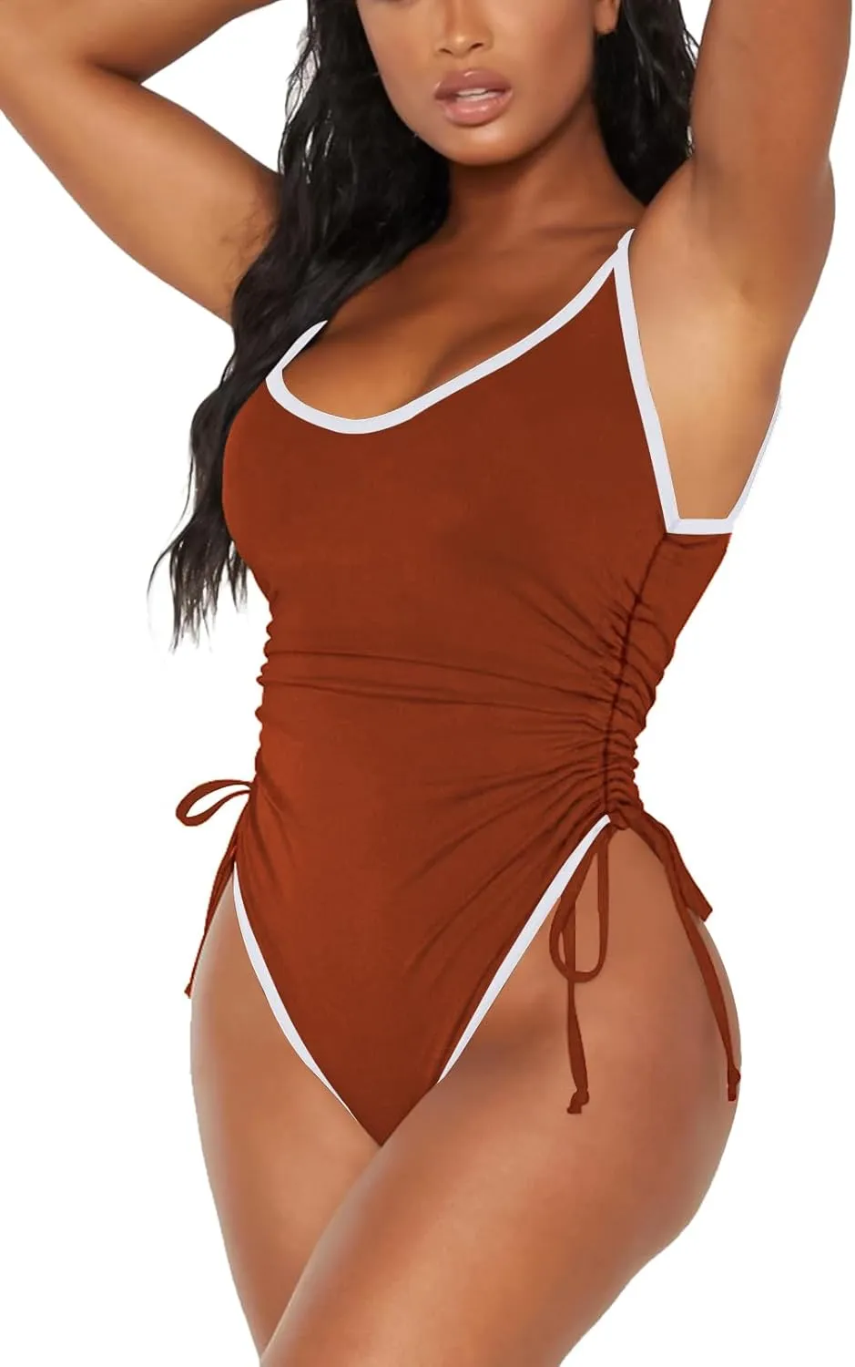 Viottiset Women's Ruched Drawstring One Piece Swimsuit Tummy Control High Cut Bathing Suit