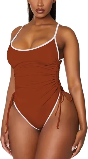 Viottiset Women's Ruched Drawstring One Piece Swimsuit Tummy Control High Cut Bathing Suit