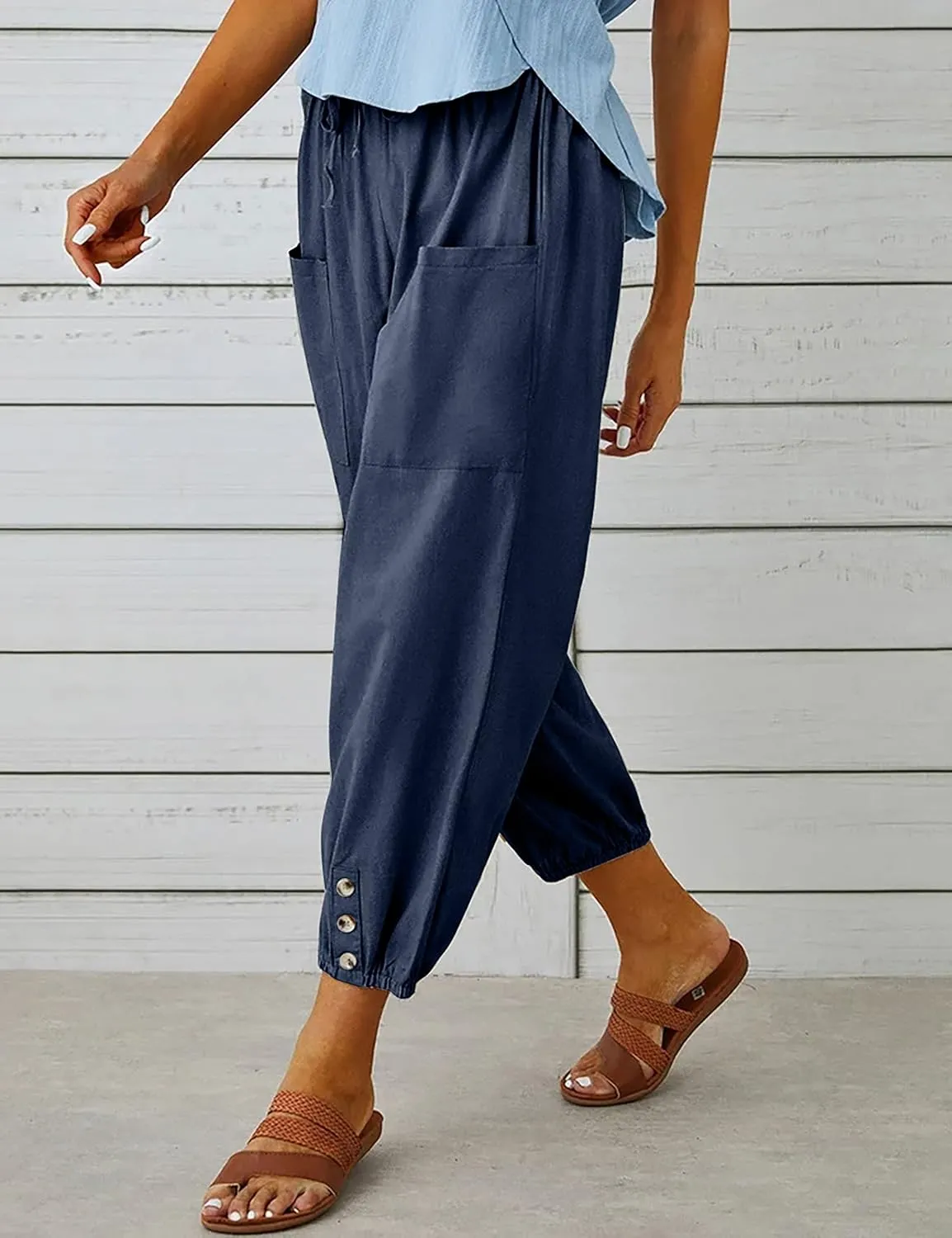 Wanzetaly Summer Cotton Linen Capri Pants for Women Loose Cropped Stretch Tapered Lantern Harem Pants Capris