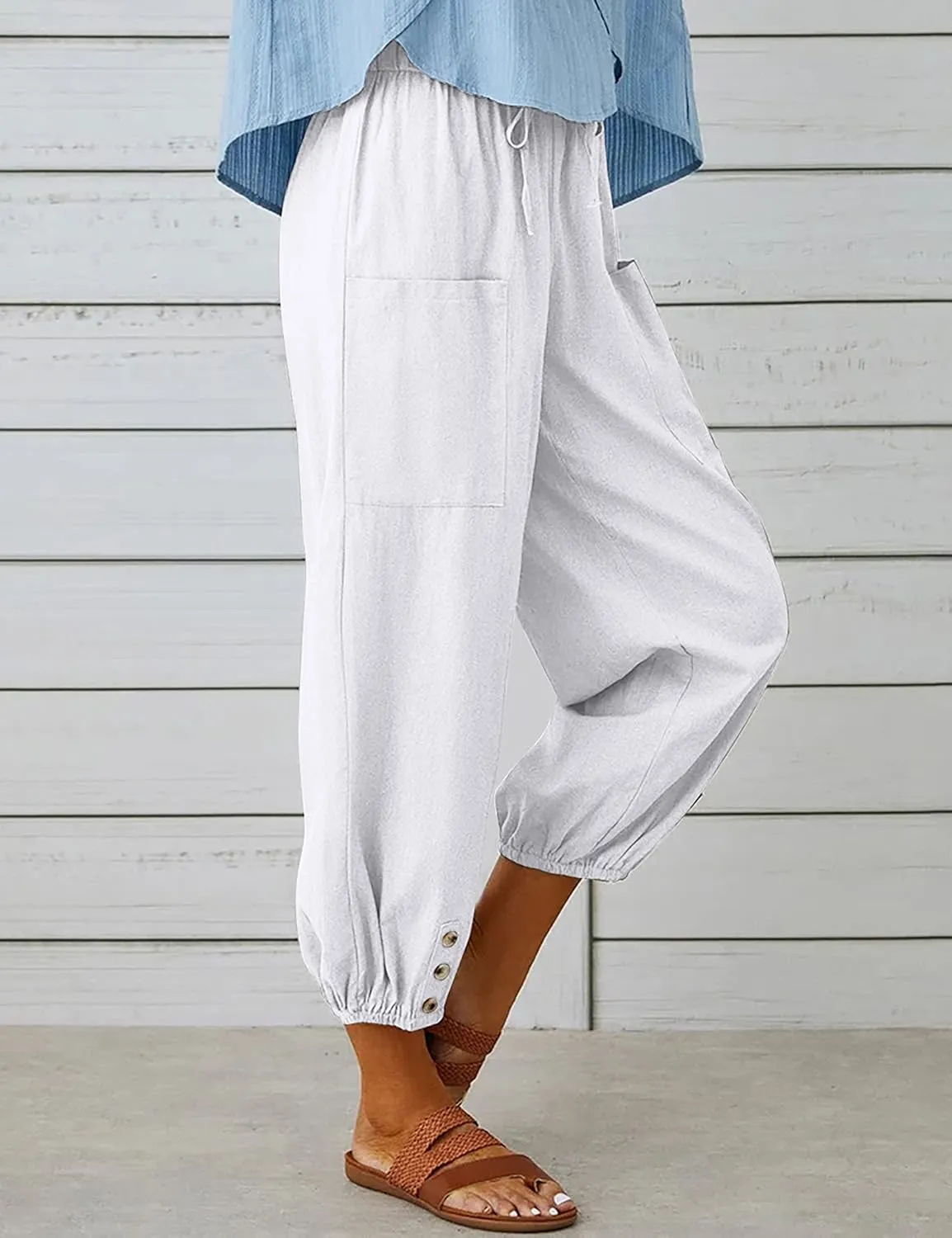Wanzetaly Summer Cotton Linen Capri Pants for Women Loose Cropped Stretch Tapered Lantern Harem Pants Capris