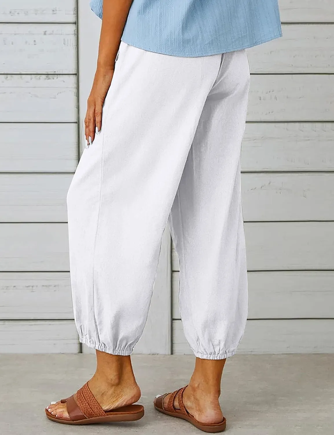 Wanzetaly Summer Cotton Linen Capri Pants for Women Loose Cropped Stretch Tapered Lantern Harem Pants Capris