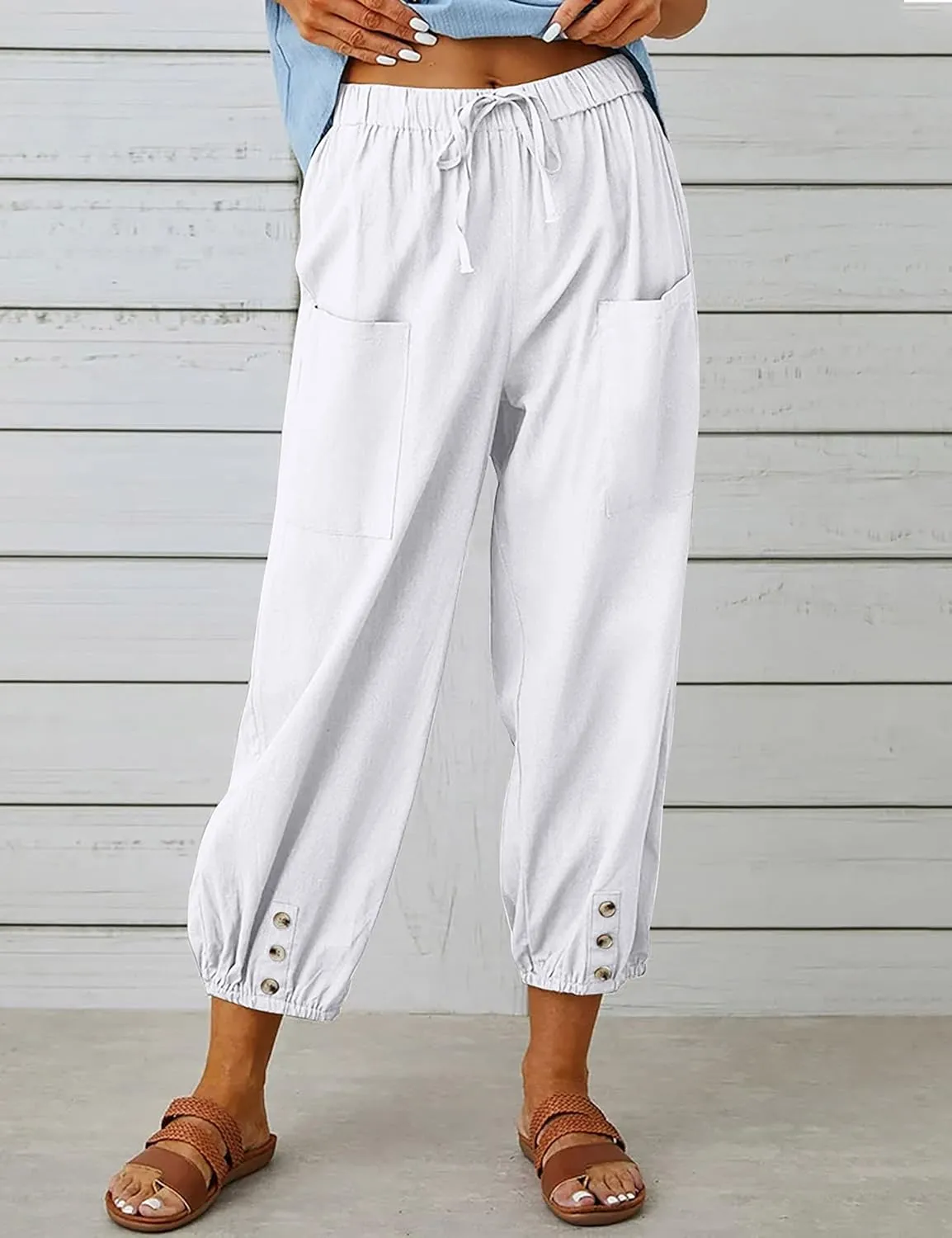 Wanzetaly Summer Cotton Linen Capri Pants for Women Loose Cropped Stretch Tapered Lantern Harem Pants Capris