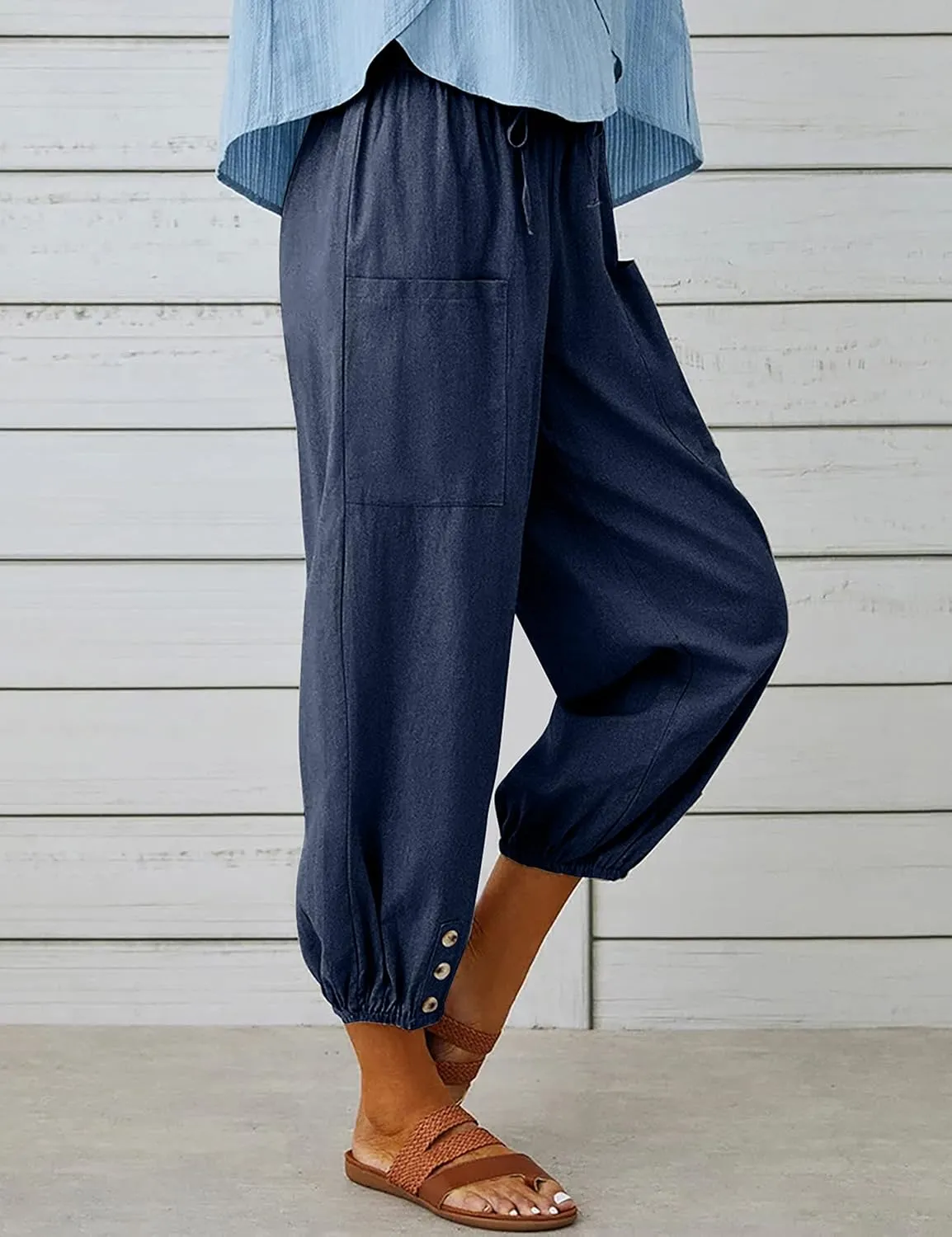 Wanzetaly Summer Cotton Linen Capri Pants for Women Loose Cropped Stretch Tapered Lantern Harem Pants Capris