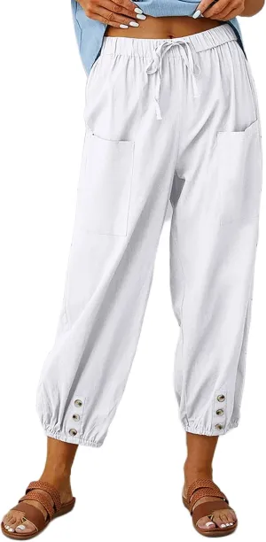 Wanzetaly Summer Cotton Linen Capri Pants for Women Loose Cropped Stretch Tapered Lantern Harem Pants Capris