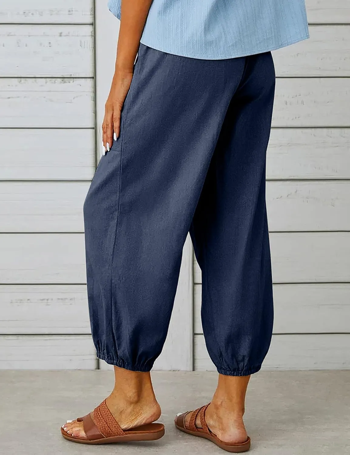 Wanzetaly Summer Cotton Linen Capri Pants for Women Loose Cropped Stretch Tapered Lantern Harem Pants Capris