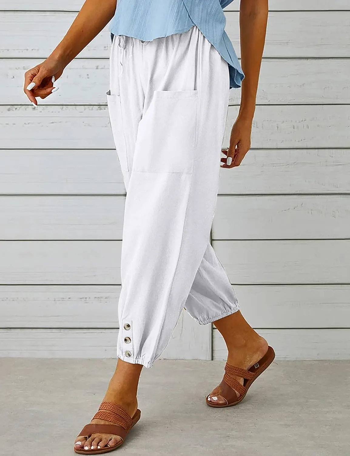 Wanzetaly Summer Cotton Linen Capri Pants for Women Loose Cropped Stretch Tapered Lantern Harem Pants Capris