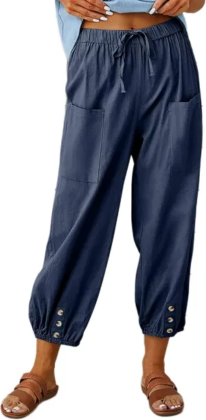 Wanzetaly Summer Cotton Linen Capri Pants for Women Loose Cropped Stretch Tapered Lantern Harem Pants Capris