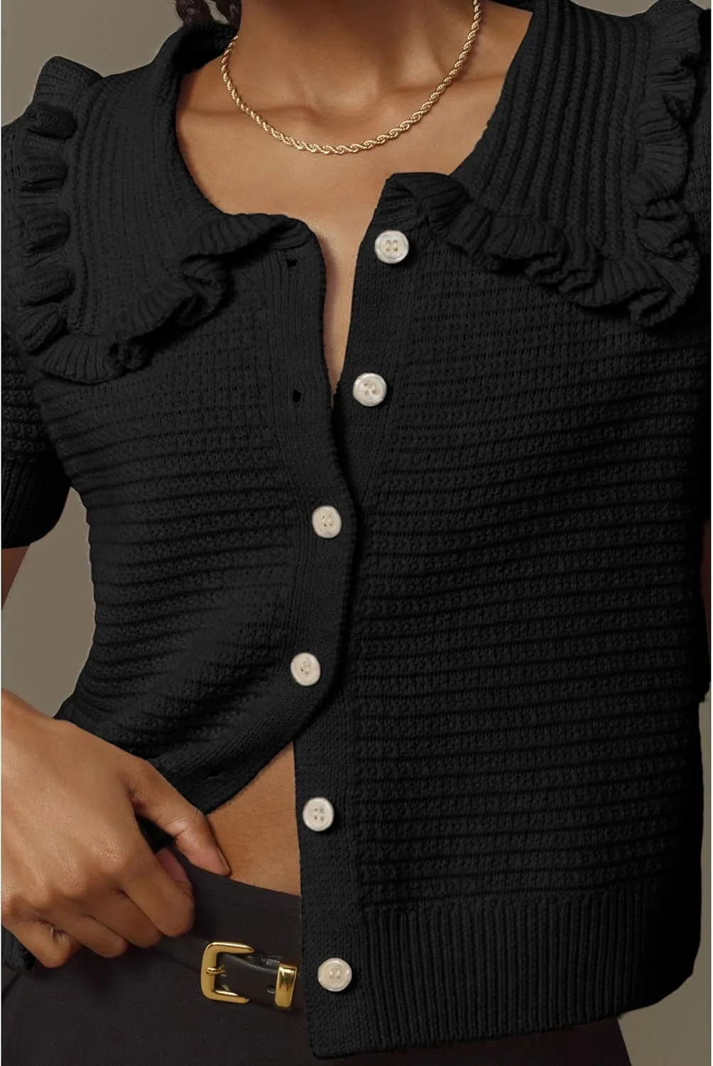 Watashi Women Short Sleeve Sweater Tops Button Down Knitted Crop T Shirts Blouses Ruffle Collar Cardigan Sweater