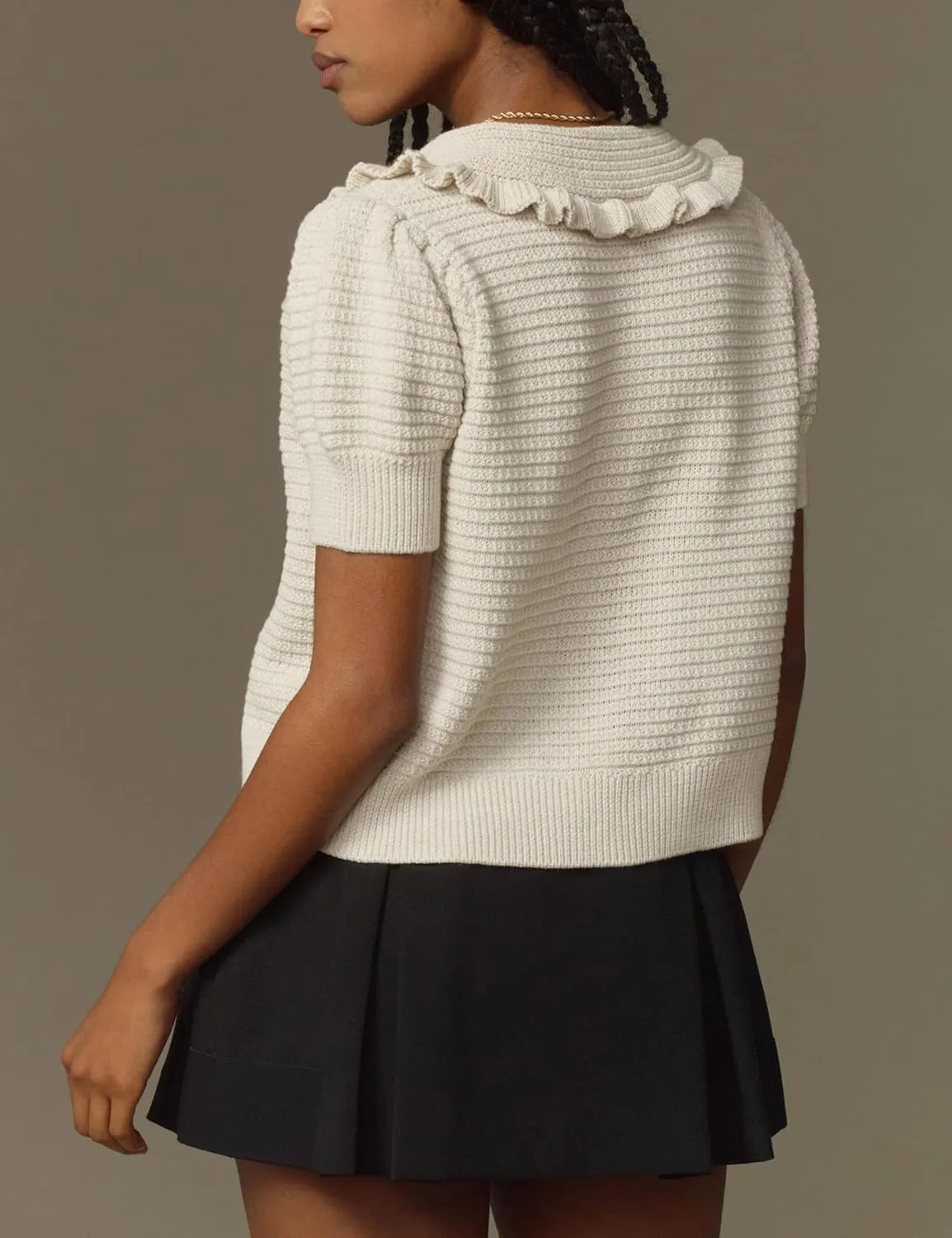 Watashi Women Short Sleeve Sweater Tops Button Down Knitted Crop T Shirts Blouses Ruffle Collar Cardigan Sweater