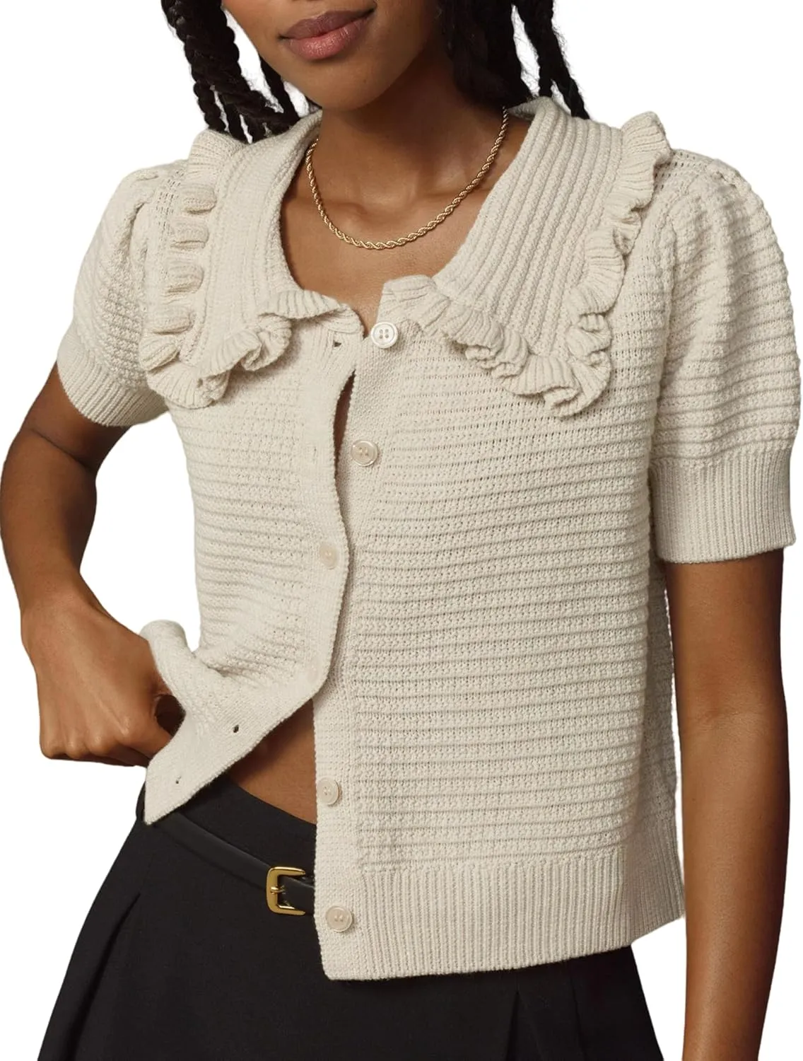 Watashi Women Short Sleeve Sweater Tops Button Down Knitted Crop T Shirts Blouses Ruffle Collar Cardigan Sweater