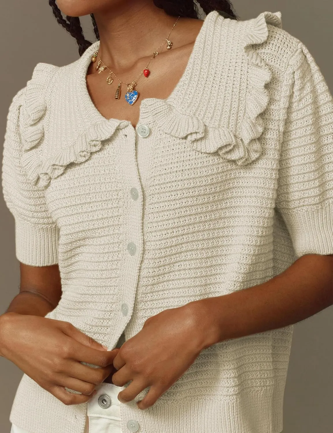 Watashi Women Short Sleeve Sweater Tops Button Down Knitted Crop T Shirts Blouses Ruffle Collar Cardigan Sweater