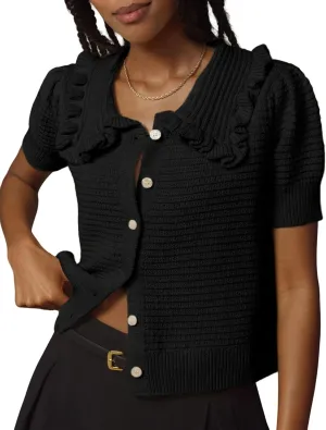 Watashi Women Short Sleeve Sweater Tops Button Down Knitted Crop T Shirts Blouses Ruffle Collar Cardigan Sweater