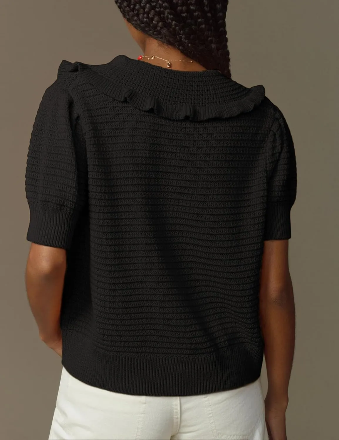 Watashi Women Short Sleeve Sweater Tops Button Down Knitted Crop T Shirts Blouses Ruffle Collar Cardigan Sweater
