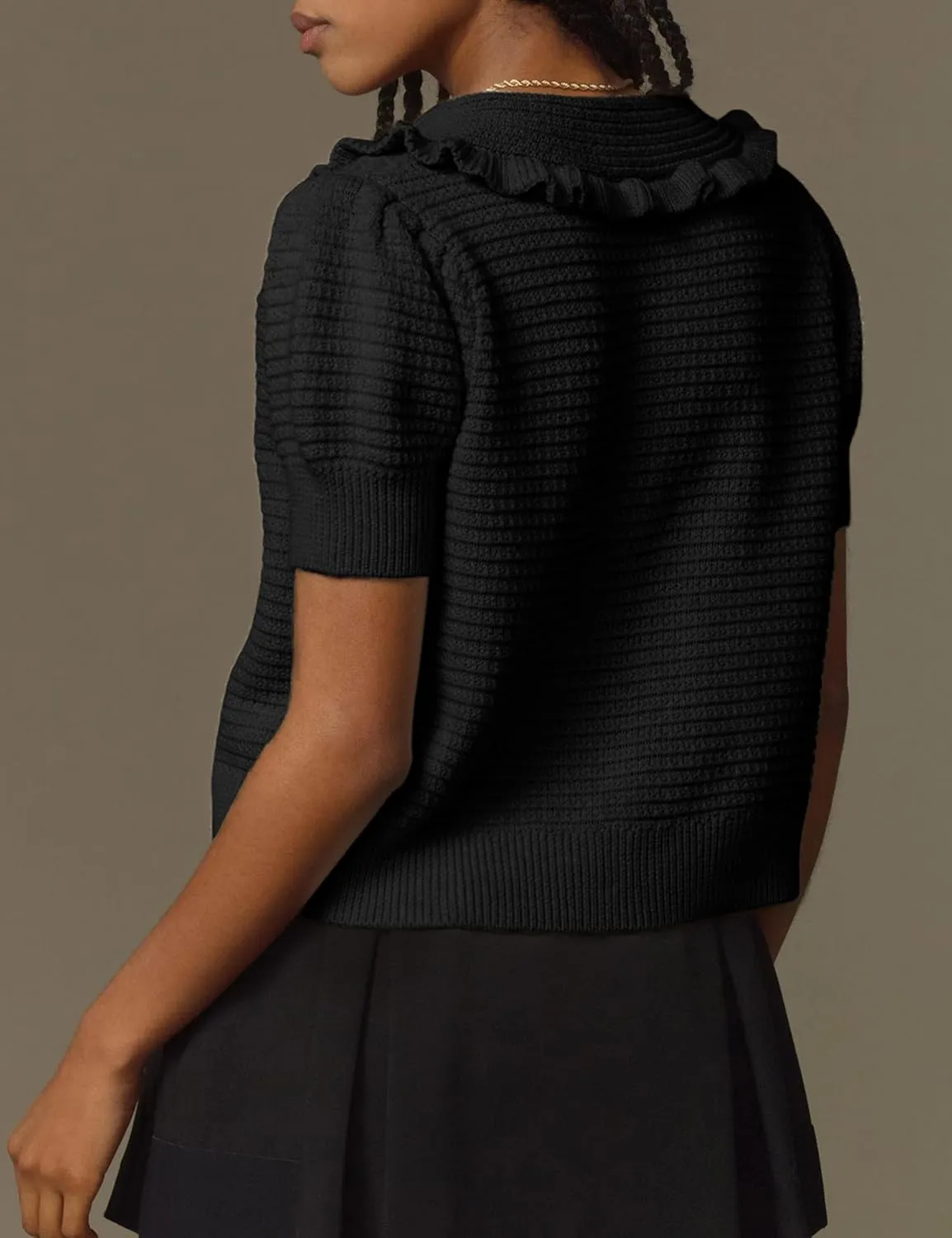 Watashi Women Short Sleeve Sweater Tops Button Down Knitted Crop T Shirts Blouses Ruffle Collar Cardigan Sweater