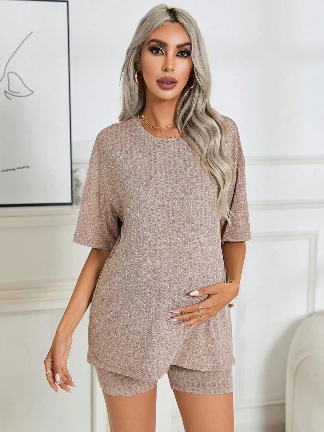 WDIRARA Women's 2 Piece Outfits Solid Short Sleeve Round Neck Top and Shorts Set Maternity