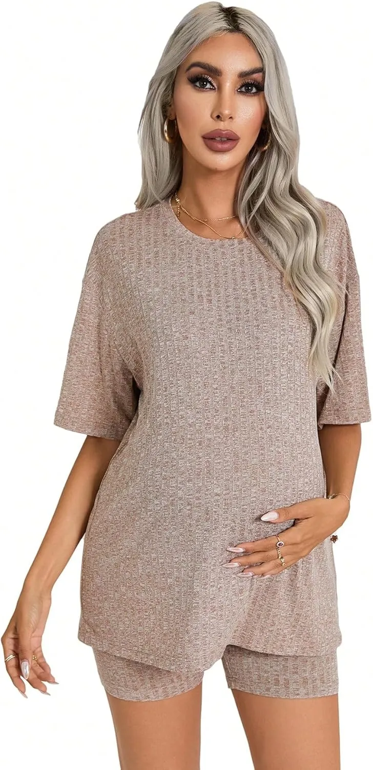 WDIRARA Women's 2 Piece Outfits Solid Short Sleeve Round Neck Top and Shorts Set Maternity