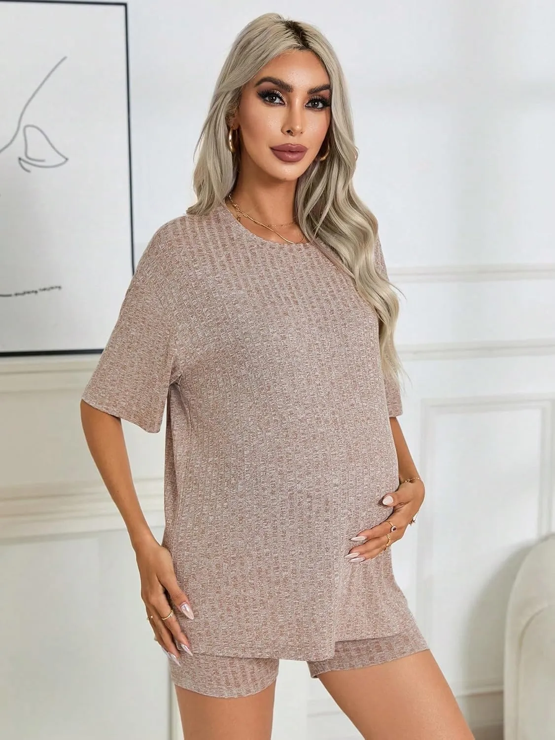 WDIRARA Women's 2 Piece Outfits Solid Short Sleeve Round Neck Top and Shorts Set Maternity