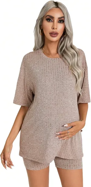 WDIRARA Women's 2 Piece Outfits Solid Short Sleeve Round Neck Top and Shorts Set Maternity