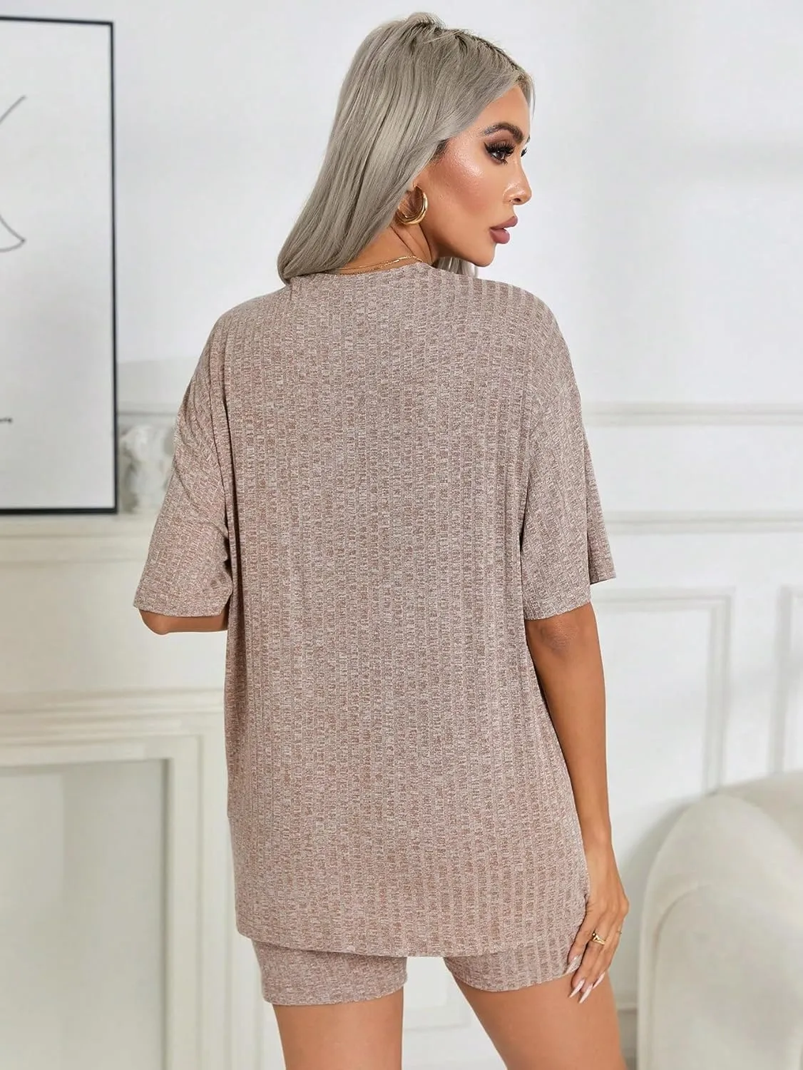 WDIRARA Women's 2 Piece Outfits Solid Short Sleeve Round Neck Top and Shorts Set Maternity
